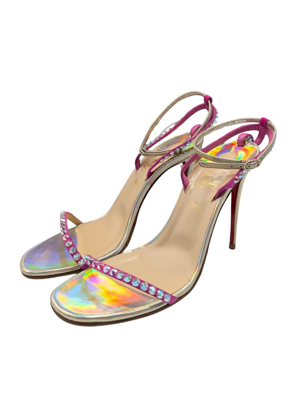 Christian Louboutin So You Iridescent Fuchsia Spike Sandal Heels Size 39